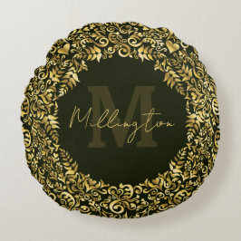 Luxus Gold Damask Monogram Rundes Kissen