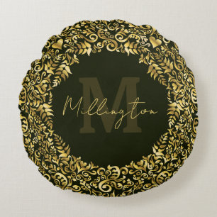 Luxus Gold Damask Monogram Rundes Kissen