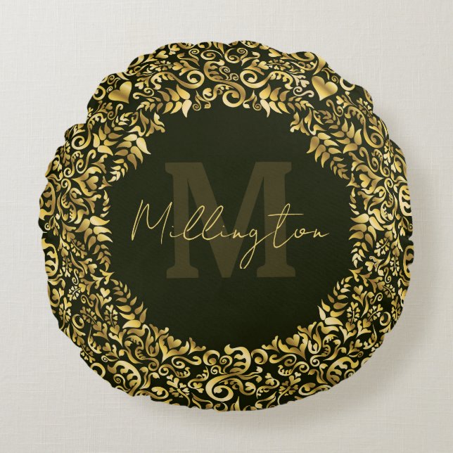 Luxus Gold Damask Monogram Rundes Kissen (Vorderseite)
