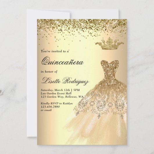 Luxus Gold Dress Crown Quinceanera Einladung (Vorderseite)