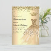 Luxus Gold Dress Crown Quinceanera Einladung (Stehend Vorderseite)