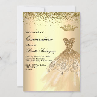 Luxus Gold Dress Crown Quinceanera Einladung