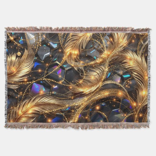 Luxus Gold Feathers und Gemstone Sparkle Muster Decke (Vorderseite)