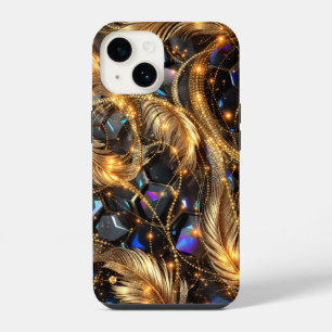 Luxus Gold Feathers und Gemstone Sparkle Muster iPhone 14 Hülle