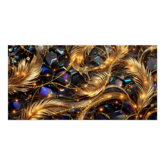 Luxus Gold Feathers und Gemstone Sparkle Muster Poster (Vorderseite)