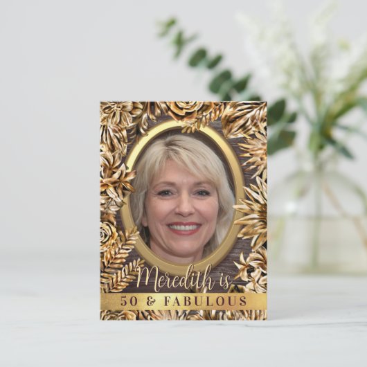 Luxus Gold Floral Custom Foto 50 und fabelhaft Einladungspostkarte (Stehend Vorderseite)