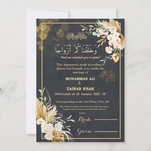 Luxus Gold Floral Frame Black Nikah Vertrag Einladung (Vorderseite)