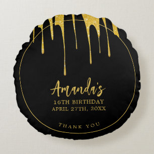 Luxus-Gold-Glitter-Tropfen Sweet 16 Geburtstag Rundes Kissen