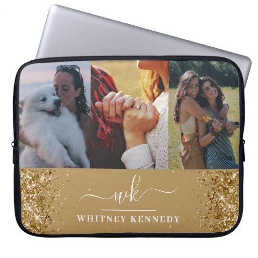 Luxus Gold Glitzer 3 Foto Collage Monogramm Laptopschutzhülle (Vorderseite)