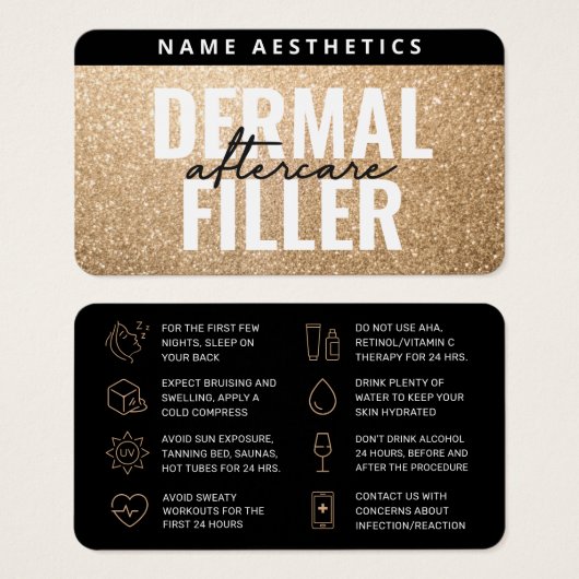 Luxus Gold Glitzer Dermal Filler Aftercare Card (Vorne & Hinten)