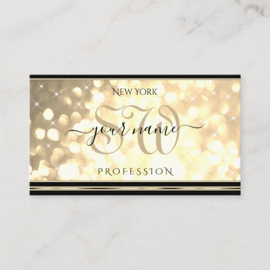 Luxus Gold Glitzer Initials Black Golden Border Visitenkarte (Vorderseite)