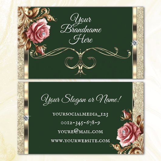 Luxus Gold Glitzer Rosa Vintage Rose Dunkelgrün Visitenkarte