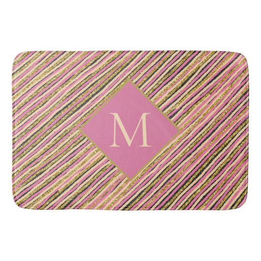 Luxus Gold Glitzer Sparkle Monogram Pink Streifen Badematte (Vorderseite)