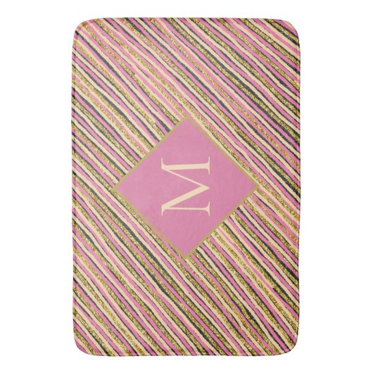 Luxus Gold Glitzer Sparkle Monogram Pink Streifen Badematte (Vorderseite Vertikal)
