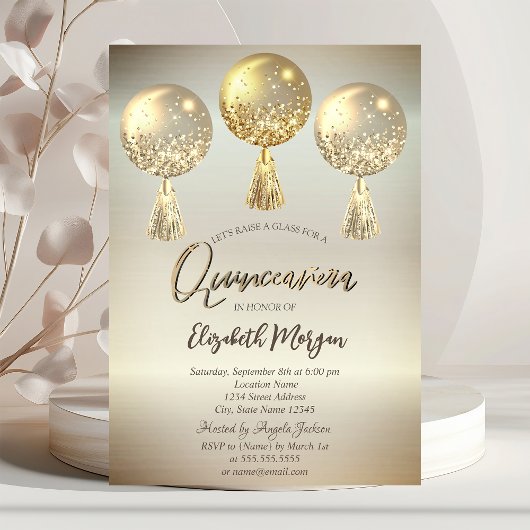 Luxus Gold Glitzer Tropfen Balloons Quinceañera Einladung
