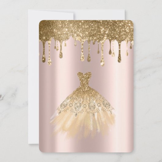 Luxus Gold Glitzer Tropfen Dress Quinceañera Einladung (Rückseite)