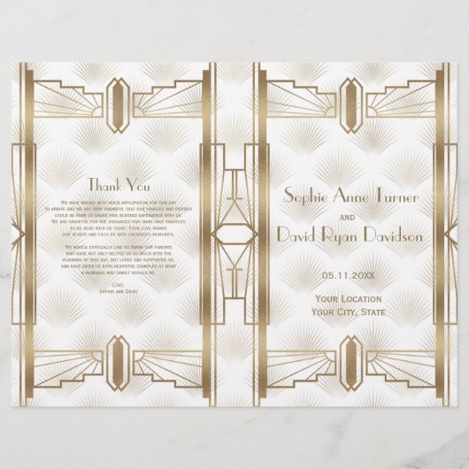 Luxus Gold Great Gatsby Art Deco Hochzeitsprogramm (Vorderseite)