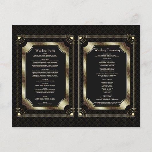 Luxus Gold Great Gatsby Art Deco Hochzeitsprogramm (Rückseite)