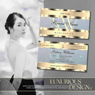 Luxus Gold Hellblauer Perlen-Glitter und Monogramm Visitenkarte