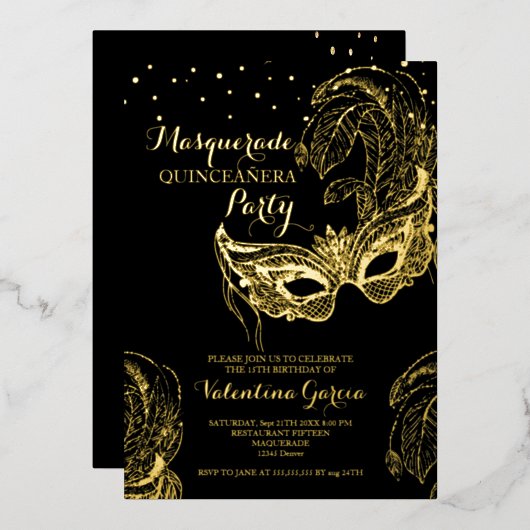 Luxus Gold Masquerade Quinceñera Einladung (Vorderseite/Rückseite)