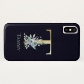 Luxus Gold Monogram Letter T Floral Blue Name Case-Mate iPhone Hülle (Rückseite (Horizontal))
