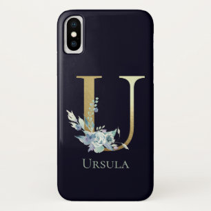 Luxus Gold Monogram Letter U Floral Blue Name Case-Mate iPhone Hülle