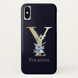Luxus-Gold-Monogramm Buchstabe Y Floral Blau Name Case-Mate iPhone Hülle
