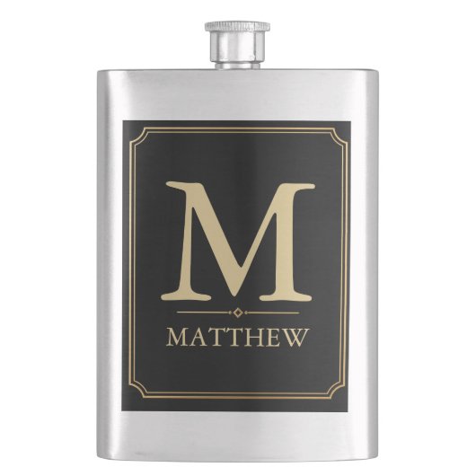 Luxus-Gold-Monogramm-schwarze-Flasche Flachmann (Vorderseite)