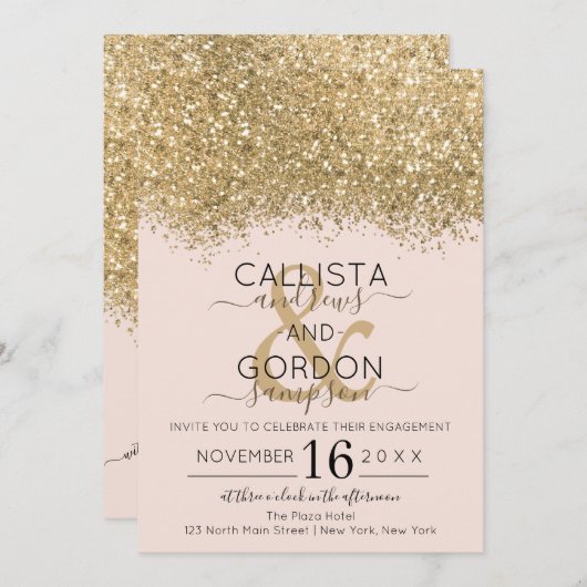Luxus Gold Pink Glitzer Confetti Verlobung Einladung (Vorne/Hinten)