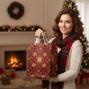 Luxus Gold Schneeflocke & Roter Damast Weihnachten Mittlere Geschenktüte