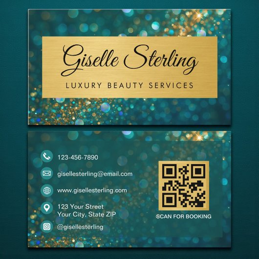 Luxus-Gold-Teal-Opal-Glitter-QR-Code Visitenkarte