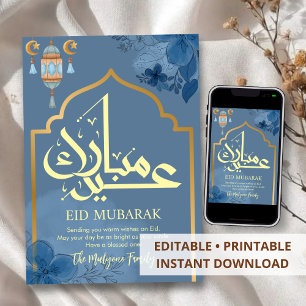 Luxus-Gold- und Blaue-Floral-Bogen-Eid-Mubarak-Kar Feiertagskarte