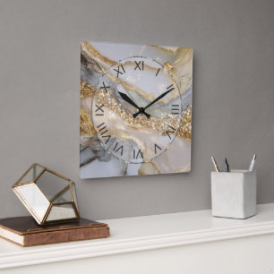 Luxus Gold & Weiß Fließender Marmor Quadratische Wanduhr