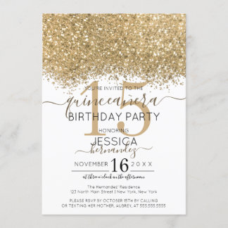 Luxus Gold Weißer Glitzer Confetti Quinceañera Einladung