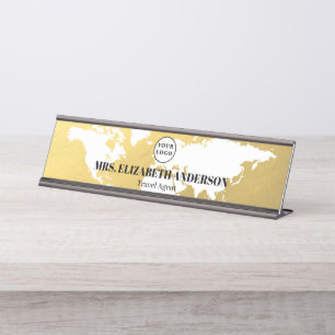 Luxus-Gold-Weltkarte Reiseagentur mit Logo Schreibtischnamensplakette
