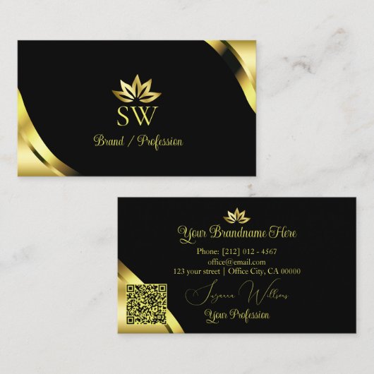 Luxus-Goldecken auf Schwarz mit Monogramm-QR-Code Visitenkarte (Vorne/Hinten)