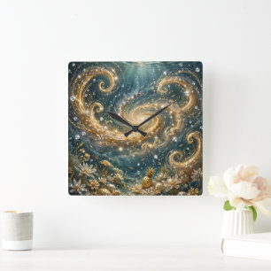 Luxus-Golden-Ocean-Wirbel-Wanduhr - Goldene Galaxi Quadratische Wanduhr