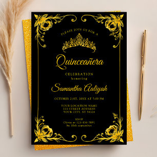 Luxus-Goldene-Krone-Schwarze-und-Goldene-Quinceane Einladung