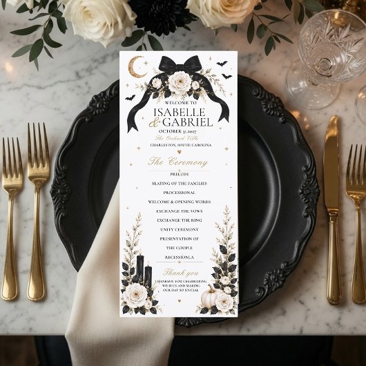 Luxus-Gotische-Schwarze-Schleife-Hochzeitsprogramm Menükarte