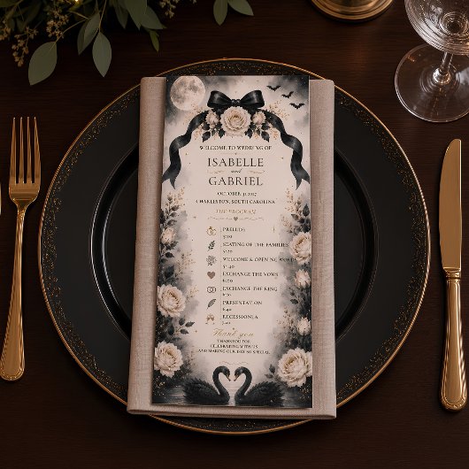 Luxus-Gotisches-Hochzeitsprogramm mit schwarzer Sc Menükarte