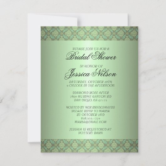 Luxus Green Damask Wirbel Bridal Einladung (Vorderseite)