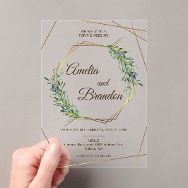 Luxus-Grün-Berry-Geometrie-Gold-Hochzeit Acryleinladungen