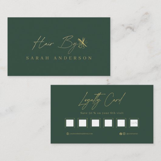 Luxus-Grün-Gold-Friseur mit Treueprogramm  Visitenkarte (Vorne/Hinten)