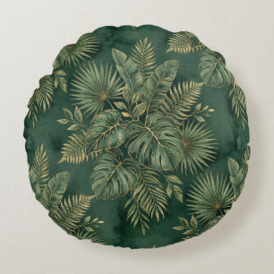 Luxus-Grün-Gold-Monstera-Palm-Botanik-Dschungel Rundes Kissen