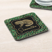 Luxus Grün Leopardendruck Gold Tier Monogramm Getränkeuntersetzer (Linke Seite)