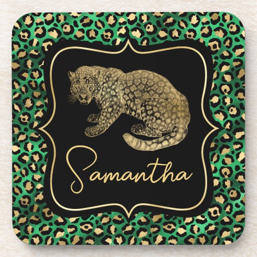Luxus Grün Leopardendruck Gold Tier Monogramm Getränkeuntersetzer (Vorderseite)