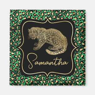 Luxus Grün Leopardendruck Gold Tier Monogramm Magnet