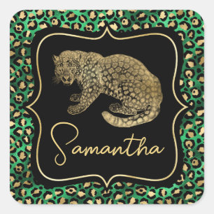 Luxus Grün Leopardendruck Gold Tier Monogramm Quadratischer Aufkleber
