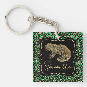 Luxus Grün Leopardendruck Gold Tier Monogramm Schlüsselanhänger