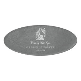 Luxus-Haarstylist Graues Leder Look Silver Logo Namenschild